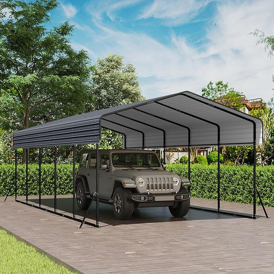 Real Relax 13' x 26' Metal Carport, Heavy Duty Carport with Galvanized Steel Roof with Metal Frame, Extra Long Outdoor Garage Car Shelter Shade for SUV Trucks and Boats, Gray