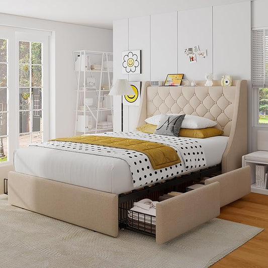 Upholstered Twin Bed Frame with 4 Storage Drawers, Bed Frame with Large Wingback Headboard, Charging Station, No Box Spring Needed, Easy Assembly, Beige