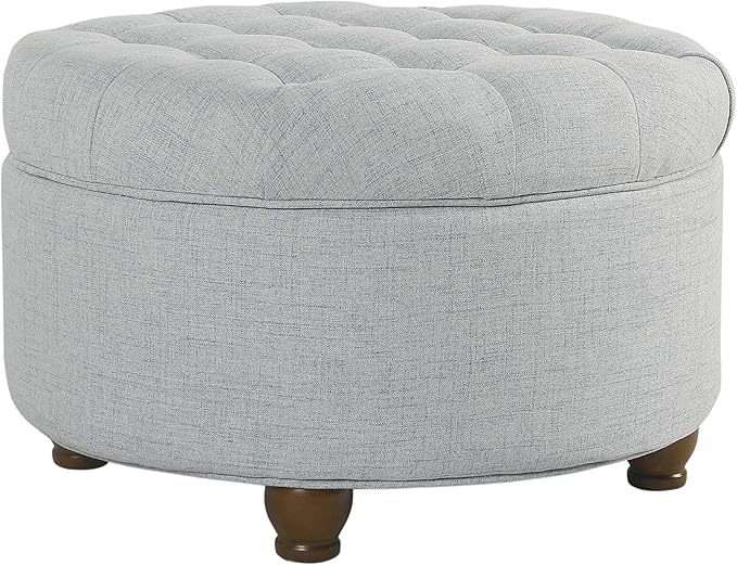 Homepop Home Decor | Button Tufted Woven Round Storage Ottoman | Ottoman with Storage for Living Room & Bedroom (Light Blue)