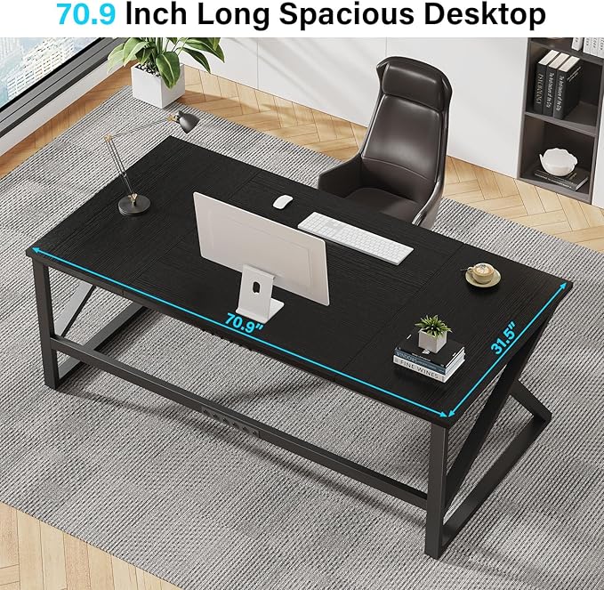IBF Long Black Computer Desk, Large Executive Office Desk for 2 People Work Writing Study, 70 Inch Industrial Metal Wood Dual Monitor Desk Workstation, Modern Simple Double PC Gaming Table in Bedroom