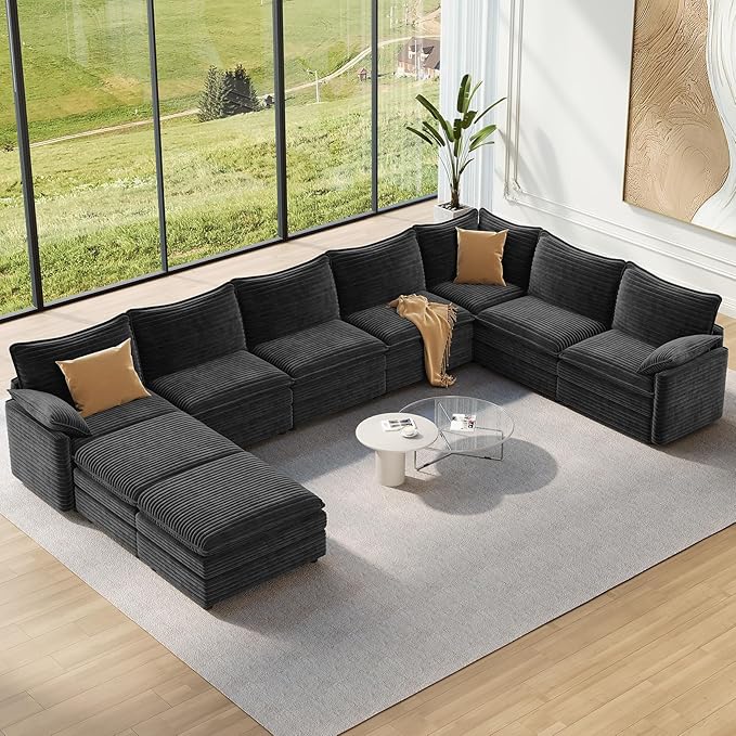 Vesgantti Large Modular Sectional Sofa, Big Comfy Cloud Couch with Ottoman Deep Seat Corduroy Cloud Sofa, 9 Seater Large Sectional Couches for Living Room, Bedroom and Apartment, Gray