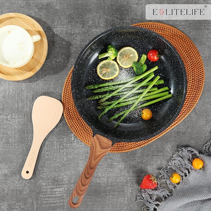 ESLITE LIFE Nonstick Ceramic Frying Pan Skillet with Lid, Non-Toxic Egg Omelette Kitchen Cooking Pans Compatible with All Stovetops (Gas, Electric & Induction), PTFE & PFOA Free (Black, 9.5" w/Lid)