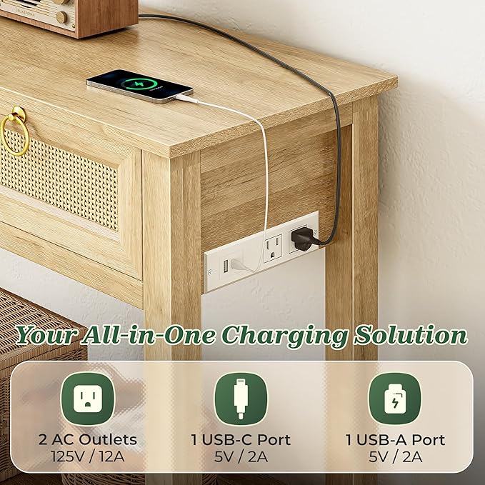 SUPERJARE Rattan Console Sofa Table with Outlets and USB-C Port, 3 Drawer Entryway Table with Synthetic Rattan Surface, Open Shelf, Behind Couch Entry Foyer Hallway Storage, Natural