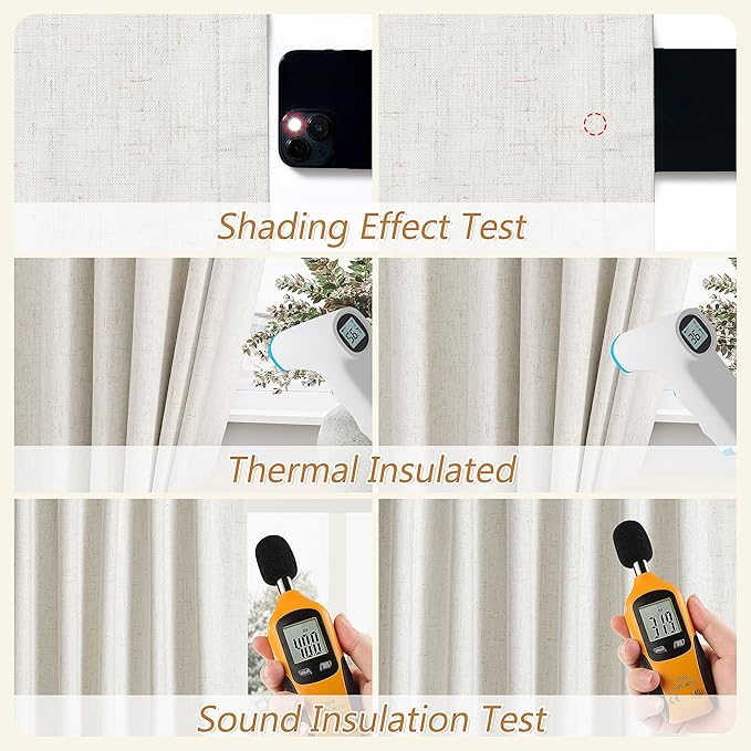 Guken Blackout Curtains 90 Inch Length 2 Panels Set for Living Room Bedroom Back Tab Thermal Insulated 100% Black Out Linen Drapes Room Darkening Window Curtains 90 Inches Long,Beige White