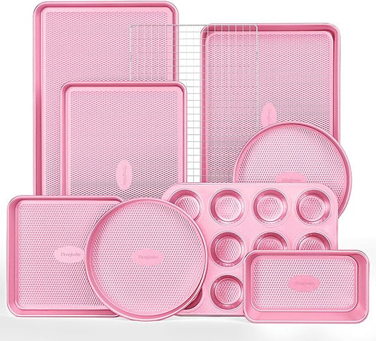 HONGBAKE 9-Piece Baking Pans Set Nonstick, Stackable Non Toxic Bakeware Sets with Diamond Texture, Oven Pan Set for Cooking, Includes Cookie Sheet with Rack, Cake Pan, Roasting Pan, Muffin Tin, Pink