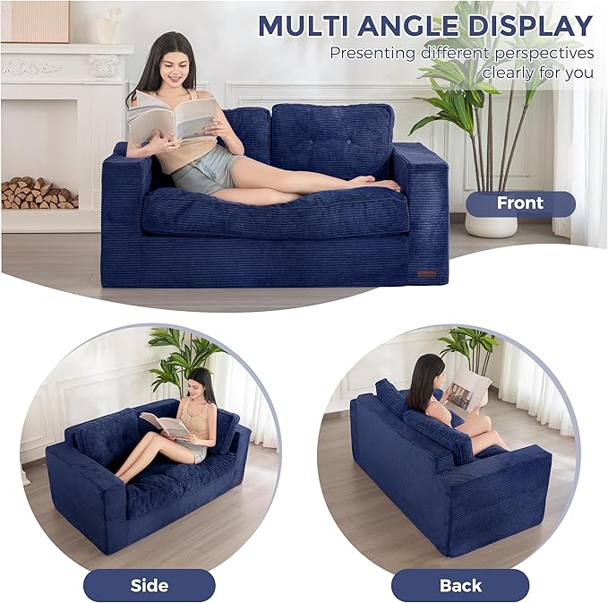 MAXYOYO Bean Bag Chair for Adults, Upholstered Floor Sofa with Armrests, Loveseat Boneless Couch with Tufted Cushion & Backrest, Sofa in A Box, Large Bean Bag Couch for Bedroom Living Room, Navy