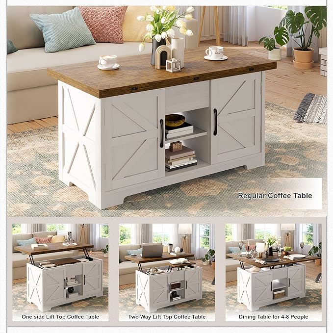 Lift Top Coffee Table with Storage, 4 in 1 Multi-Function Convertible Tea Tables with Hidden Compartment, Farmhouse Center Table Converts to Dining Table for Living Room, Brown