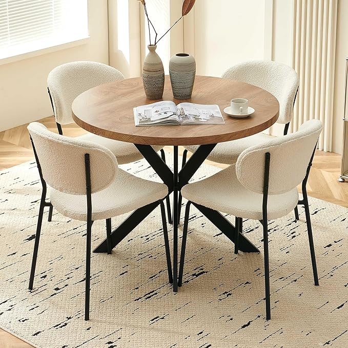 Round Dining Table Set for 4, Modern 5-Piece Kitchen Table Set, 37" Round MDF Living Coffee Table with 4 Seated Boucle Dining Chairs Upholstered, Metal Legs for Dining Hall, Living Room
