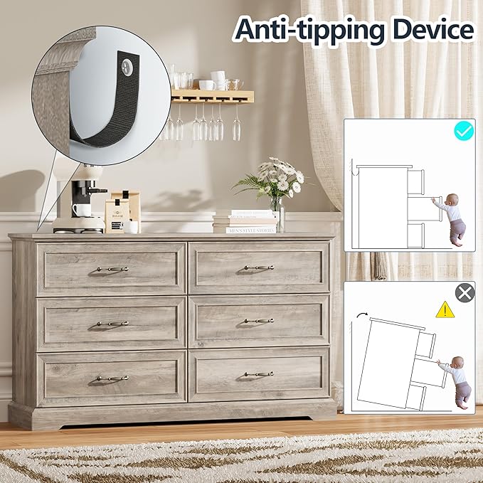 Dresser for Bedroom with 6 Drawer, Farmhouse Dresser for Closet, 53'' Wide Rustic Wooden Chest of Drawers with Natural Wood Texture, Vintage Storage Organizer for Living Room, Hallway, Grey