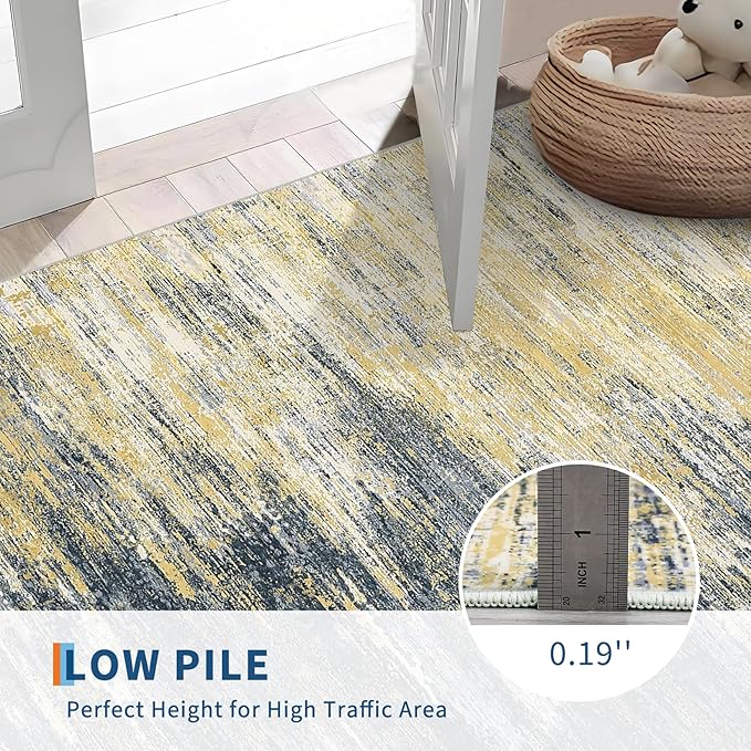 Washable Runner Rug 2x6 Modern Abstract Kitchen Rugs, Non Slip Bathroom Rug, Low Pile Laundry Room Soft Long Carpet for Hallway Bedroom Entryway, Yellow/Black