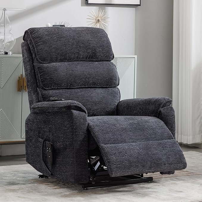 Lay Flat Lift Chair with Heat and Massage, Dual Motor Recliner, Infinite Position, Up to 350 LBS, Dark Grey, Chenille Fabric