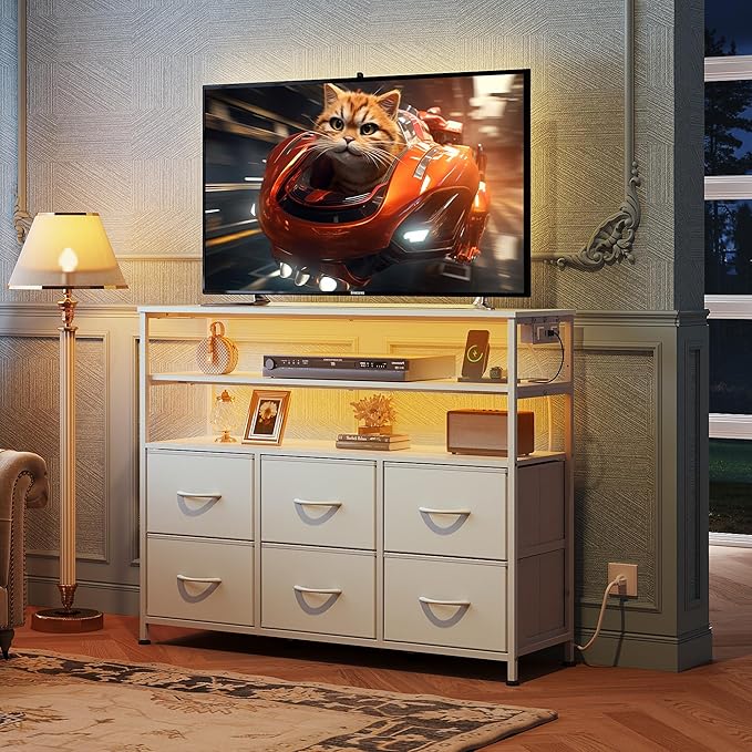 WLIVE White TV Stand for 40, 45 inch TV, Entertainment Center with LED Lights & Charging Station, TV Media Console Table with 6 Fabric Drawers and Open Shelves for Living Room, Hallway, Wood Top