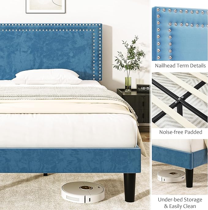 VECELO Full Size Bed Frame with Adjustable Upholstered Headboard, Wooden Slats Platform, Noise-Free Design, Easy Assembly