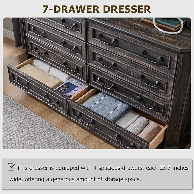 T4TREAM Farmhouse 8 Drawers Dresser for Bedroom, 54" Wide Wood Rustic Chest of Drawers with Natural Texture, Vintage Design, Storage Dressers Organizer for Bedroom, Living Room, Dark Rustic Oak