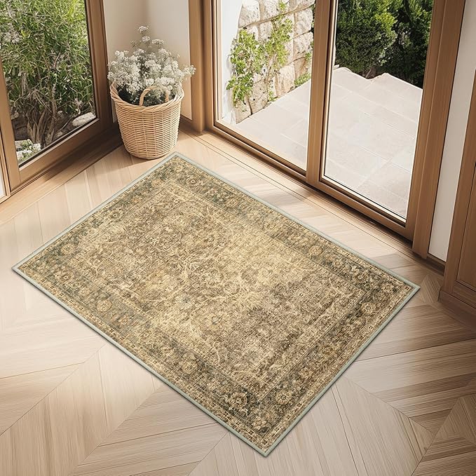 FMFUNCTEX Entryway Rug 2x3 Washable Brown Vintage Distressed Door Mat Non Slip Low Pile Indoor Carpet Soft Retro Floral Small Throw Area Rugs for Entry Way Entrance Bedroom Kitchen Bathroom Laundry