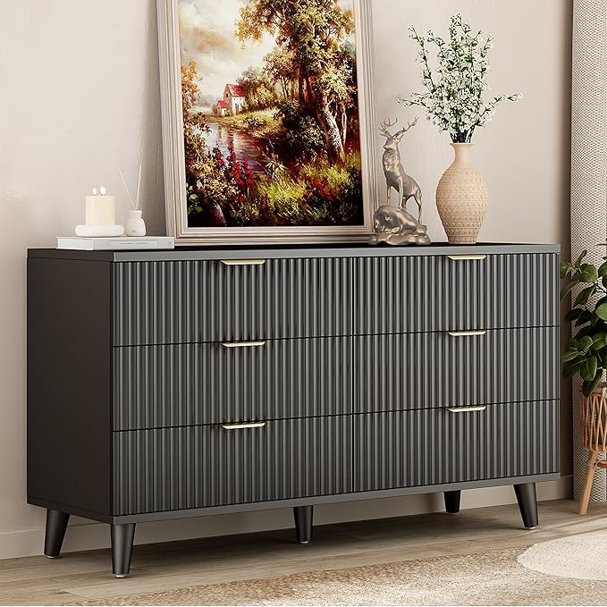 Lulive Black Dresser for Bedroom Wood Dressers Chest of Drawers, Fluted 53.2" Wide Modern Long Dresser TV Stand 6 Drawers for Bedroom, Closet, Living Room, Hallway