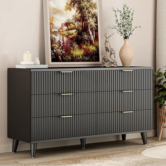 Lulive Black Dresser for Bedroom Wood Dressers Chest of Drawers, Fluted 53.2" Wide Modern Long Dresser TV Stand 6 Drawers for Bedroom, Closet, Living Room, Hallway
