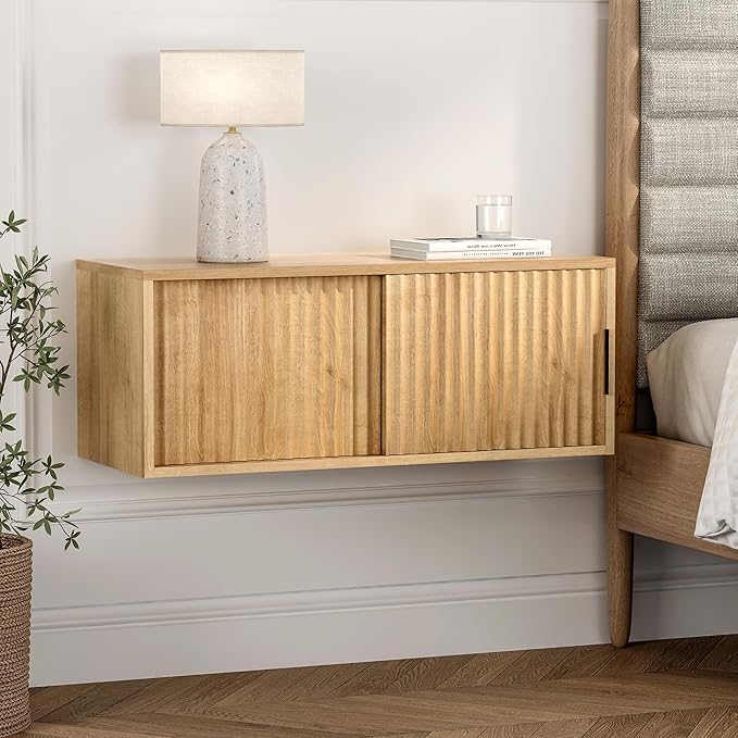 Fluted Floating TV Stand Set of 2, 30" Multi-Purpose Modern TV Display Shelf Console Entertainment Center Cabinet with Sliding Doors for Bedroom Living Room Entryway, Natural Oak