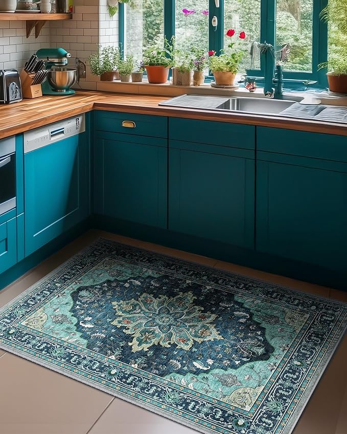 Area Rugs 3'x5' Washable Non-Slip, Floral Vintage Distress Print Pattern Medallion Carpet for Living Room Bedroom Dining Room, Teal Green Lake Blue Turquoise