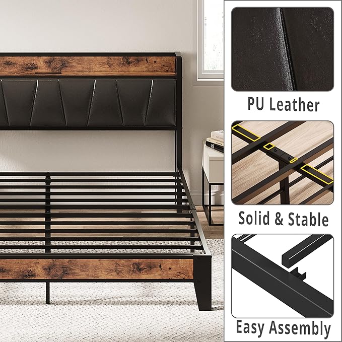 LIKIMIO Queen Bed Frame, Storage Headboard with Charging Station, Solid and Stable, Noise Free, No Box Spring Needed, Easy Assembly (Vintage and Black)