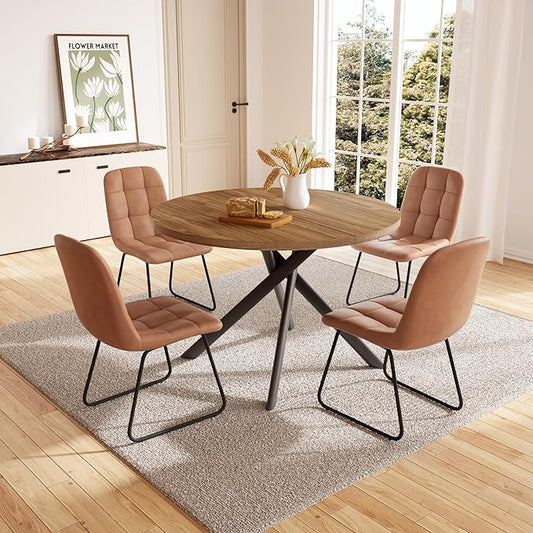 45.3 Inch Round Dining Table Set for 4, Mid Century Modern Small Coffee Set for Dining Room Kitchen Apartment (Light Walnut + 4 U-Shaped Brown Chairs)