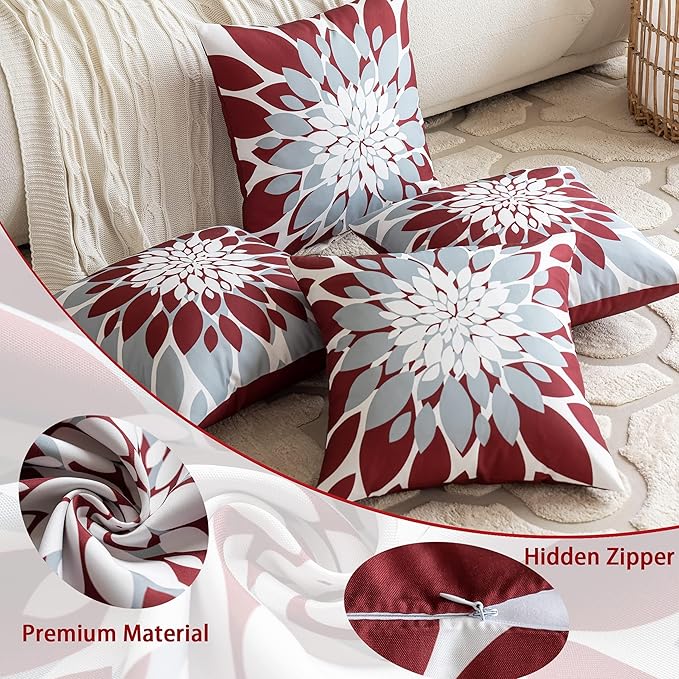 Qahing Pack of 4 Outdoor Waterproof Pillow Covers 20x20 Decorative Outdoor Throw Pillows Garden Square Cushion Cases for Patio Furniture, Couch, Tent Sunbrella, Bench, Burgundy Red Grey