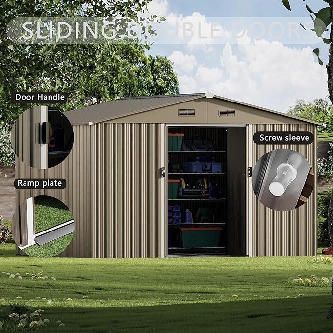 10FT x 8FT Outdoor Storage Shed, Waterproof Lockable Door Metal Tool Shed with Sliding Door and Ventilation, Gardening Tool Storage Room, Metal Storage Shed for Gardens and Lawns