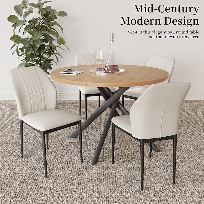 45.3 Inch Round Dining Table Set for 4, Mid Century Modern Small Kitchen Coffee Set for Dining Room Kitchen Apartment (Oak Table + 4 White Chairs)