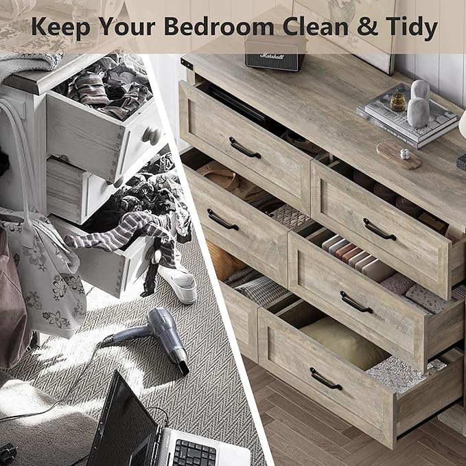 6-Drawer Dresser for Bedroom – 47" Wide Modern Wooden Chest with Natural Wood Texture, TV Stand & Storage, Metal Corner Brackets, Wood Drawer Organizer for Living Room, Hallway