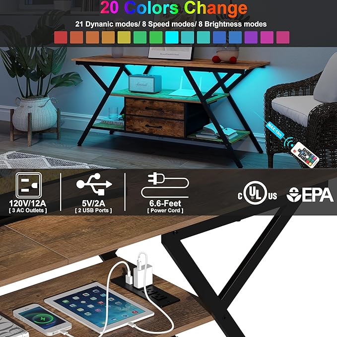 TV Stand with Power Outlet and LED Lights, Fits TVs up to 65”, 2 Fabric Drawers Entertainment Center with Open Storage Shelves, Media Console for Living Room, Bedroom (Rustic Brown)