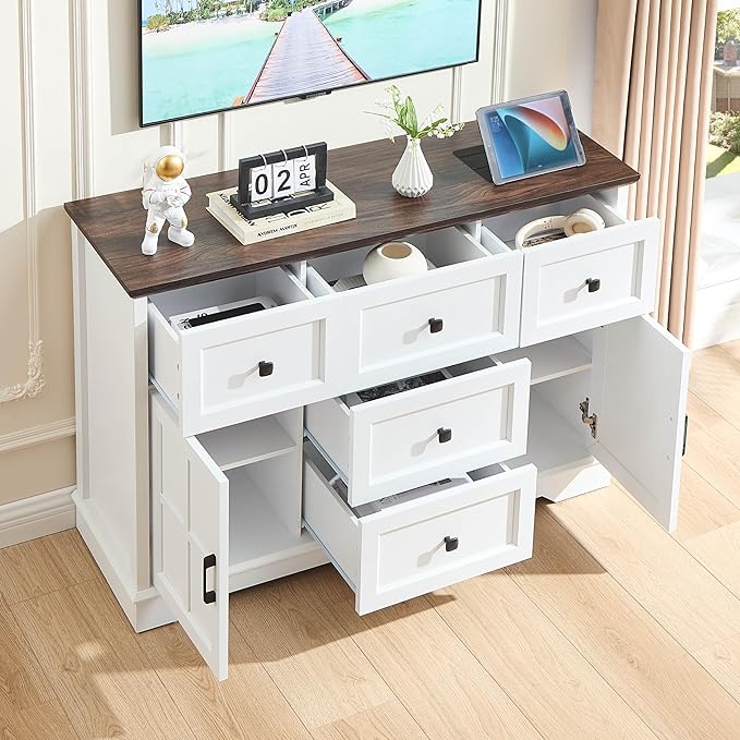 5+2 White Dresser for Bedroom, Chest of Drawers for Bedroom with Wooden Drawers and Cross Doors, Wood Dressers Storage TV Stand for Bedroom, Living Room