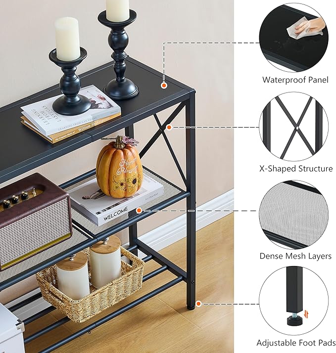Hoctieon Industrial Console Table, 3 Tier Entryway Table, Hallway Table, Narrow Sofa Table with Shelves, Entrance Table for Entryway, Living Room, Foyer, Hallway, Office, Black