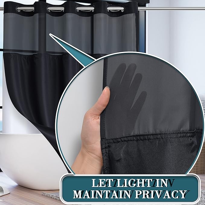 Extra Long No Hook Shower Curtain with Snap in Liner Set, Hotel Luxury Black Fabric Shower Curtains for Bathroom with See Through Top Window, Washable, Waterproof 71W x 84H
