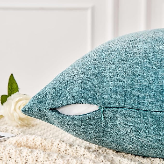 GAWAMAY Decorative Chenille Throw Pillow Covers 24x24 Inch Pack of 2, Soft Square Couch Pillow Cover for Sofa Cushion Living Room Bedroom Solid Dyed Pillowcases Smoke Blue 60x60cm (ONLY Covers)