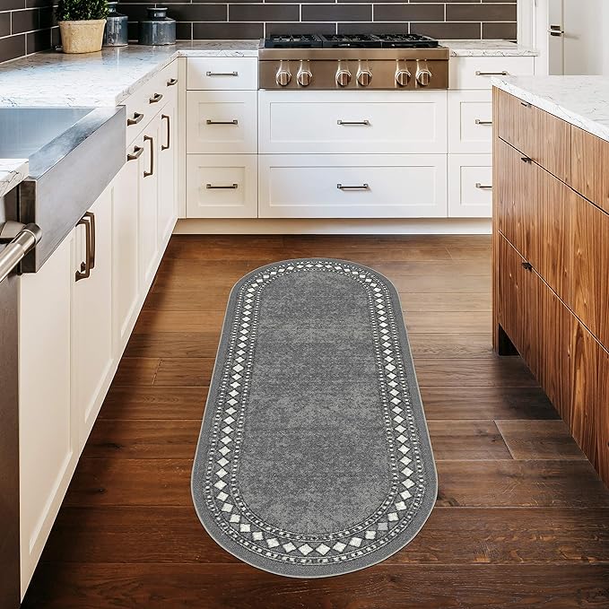 Antep Rugs Alfombras Modern Bordered 2x5 Non-Skid (Non-Slip) Low Profile Pile Rubber Backing Kitchen Area Rugs (Gray, 2' x 5' Oval)
