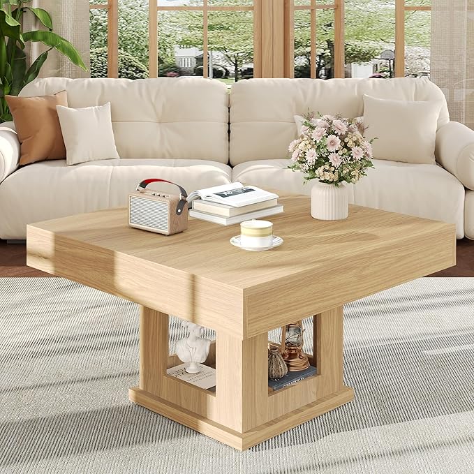 Square Coffee Table, Wooden Coffee Table with Storage and Cat House, Cocktail Table for Living Room, Farmhouse Large Natural Wood Center Table