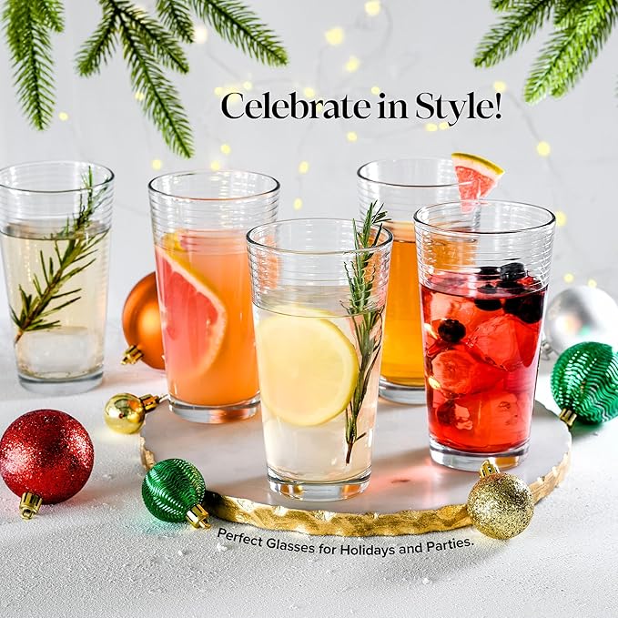 Glaver's Drinking Glasses Set of 10 Highball Glass Cups, Premium Quality 17 Oz. Coolers, Ribbed Glassware. Ideal for Water, Juice, Cocktails, and Iced Tea. Dishwasher Safe.