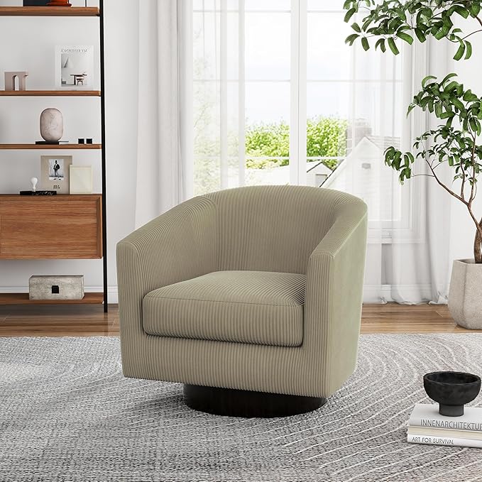 UIXE Swivel Accent Chairs Set of 2, Corduroy Barrel Club Chair Upholstered Armchair for Living Room, Round Arm Chair Bedroom Single Sofa Reading Seat - Camel