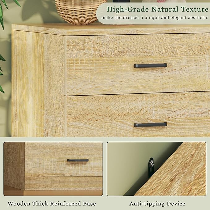 9 Drawer Dresser for Bedroom, 60'' Long Mid Century Modern Dressers TV Stand, Wood Vintage Chests of Drawers, Large Storage Organizer for Bedroom, Closet, Entryway, Natural Oak