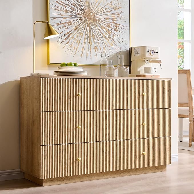 Fluted Dresser for Bedroom, 47" 6 Drawer Dressers, Wood Tall Dresser Storage Organizer, Modern Chest of Drawers with Deep Storage for Closet Hallway, Entryway, Living Room, Natural