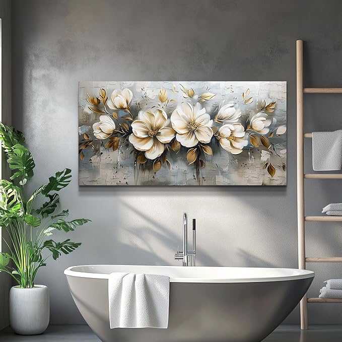 PHAOHUAXM Large Canvas Wall Art For Bedroom Wall Decoration For Living Room Restaurant Office Mural Abstract White Flowers Paintings Printing Artwork Modern Posters Home Decor Ready To Hang 24"x48"