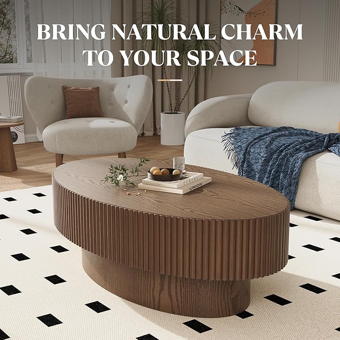 Oval Wood Coffee Table, Modern Fluted Coffee Table for Living Room, Veneer Handcrafted Relief 43.7" Olive-Shaped Tea Table with Sturdy Pedestal，Easy Assembly - Walnut