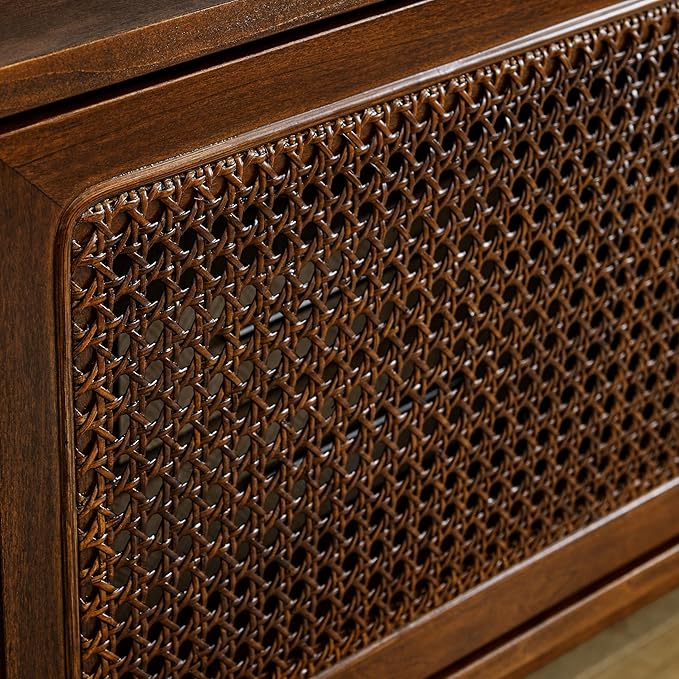 59 inch Mid Century Modern TV Stand with Rattan Cabinet Doors, Boho Entertainment Center for 55/60/65 inch TVS, Media Console for Living Room/Bedroom, Dark Walnut