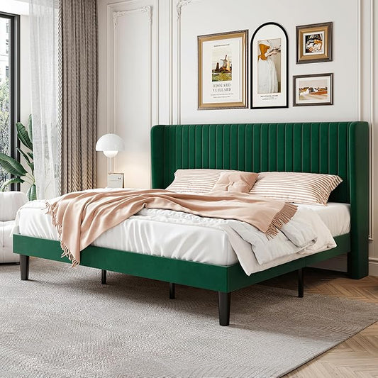SHA CERLIN King Size Velvet Bed Frame with Vertical Channel Tufted Wingback Headboard, Upholstered Platform Bed with Wood Slats, No Box Spring Needed, Easy Assembly, Green