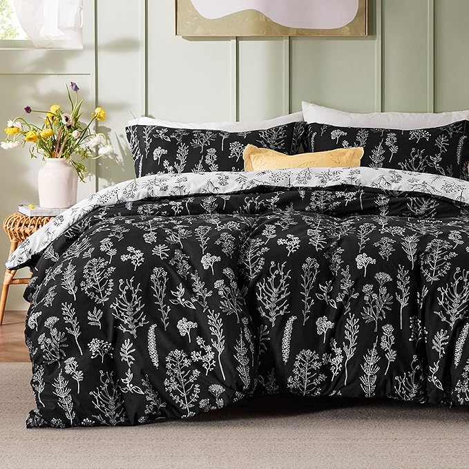 Bedsure Full Comforter Set - Black Bed Set, 3 Pieces Cute Floral Bedding, 1 Soft Reversible Botanical Flowers Comforter and 2 Pillow Shams