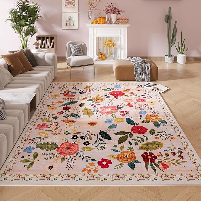Living Room Rug 5x7 Rug Machine Washable Boho Area Rug Non Slip Floral Vintage Low Pile Large Rugs for Living Room, Bedroom, Farmhouse, Dining Room, Kids Playroom(Beige)