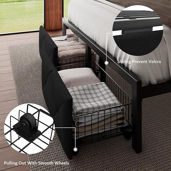 iPormis Full Bed Frame with 2 Storage Drawers, Linen Upholstered Headboard Platform Bed with Charging Station, No Box Spring Needed, Metal Slats Support, Noise-Free, Easy Assembly, Black