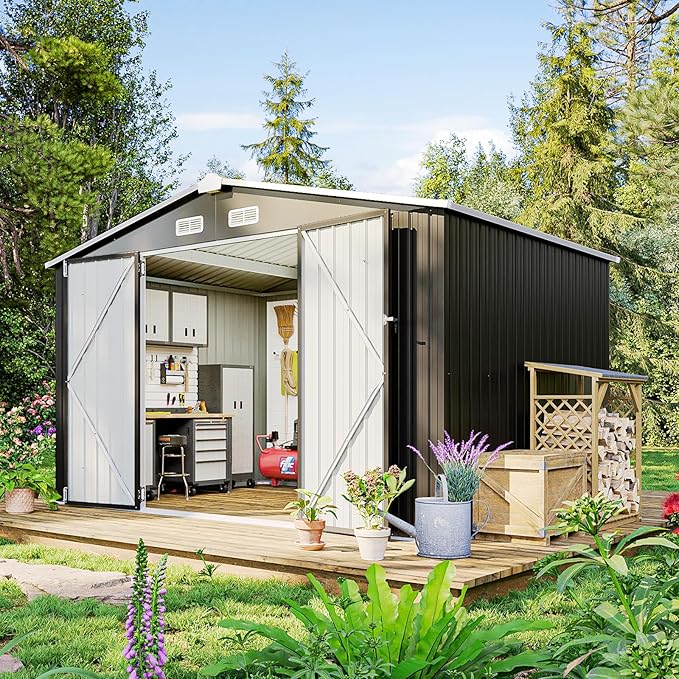 10x8 FT Metal Outdoor Storage Shed, Dual Doors with Lockable Bolts, Large Garden Shed for Yard Tools, Bike, Generator, Waterproof Galvanized Steel Panel with Vent & Sloping Roof