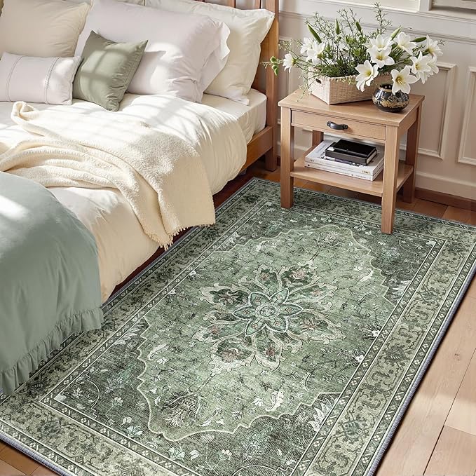 Area Rugs 3'x5' Washable Non-Slip, Floral Vintage Distress Print Pattern Medallion Carpet for Living Room Bedroom Dining Room, Dark Green Gray