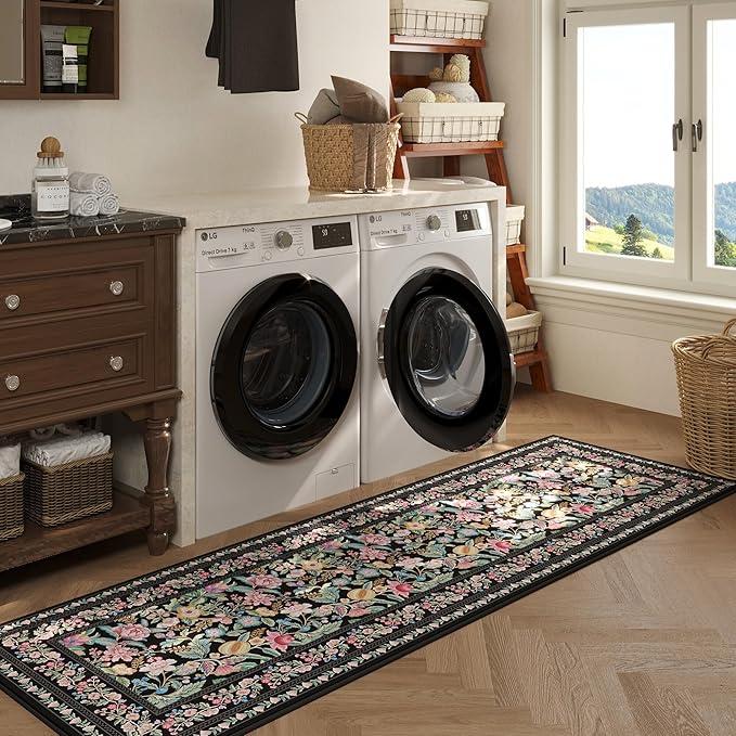 Runner Rug for Kitchen Rug Non Slip 2'6"x8' Washable Rugs with Rubber Backing Soft Vintage Floral Carpet Runner for Kitchen, Laundry, Bedroom, Bathroom, Black